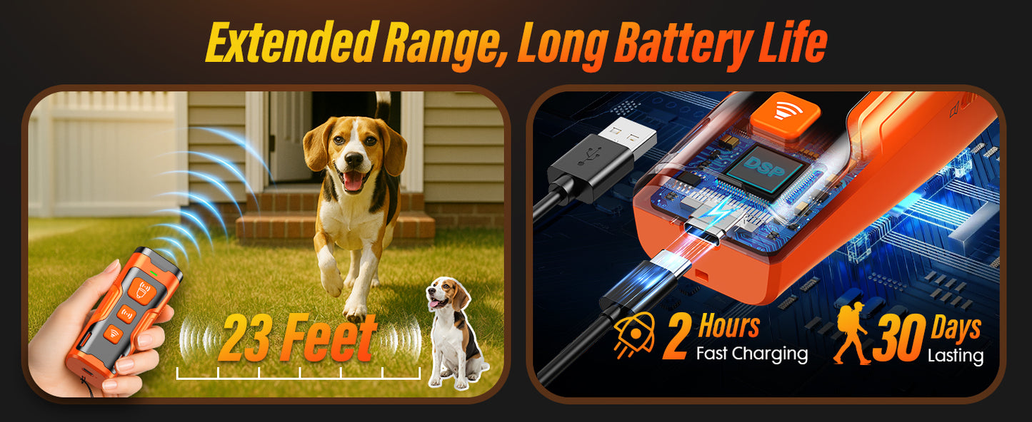 Dog Bark Deterrent Device, 3X Ultrasonic Anti Barking, 6 Training Modes 23 FT Range Barks No More Indoors Outdoors Behavior Correct Safe & Humane Rechargeable Compact Bark Control for Dogs
